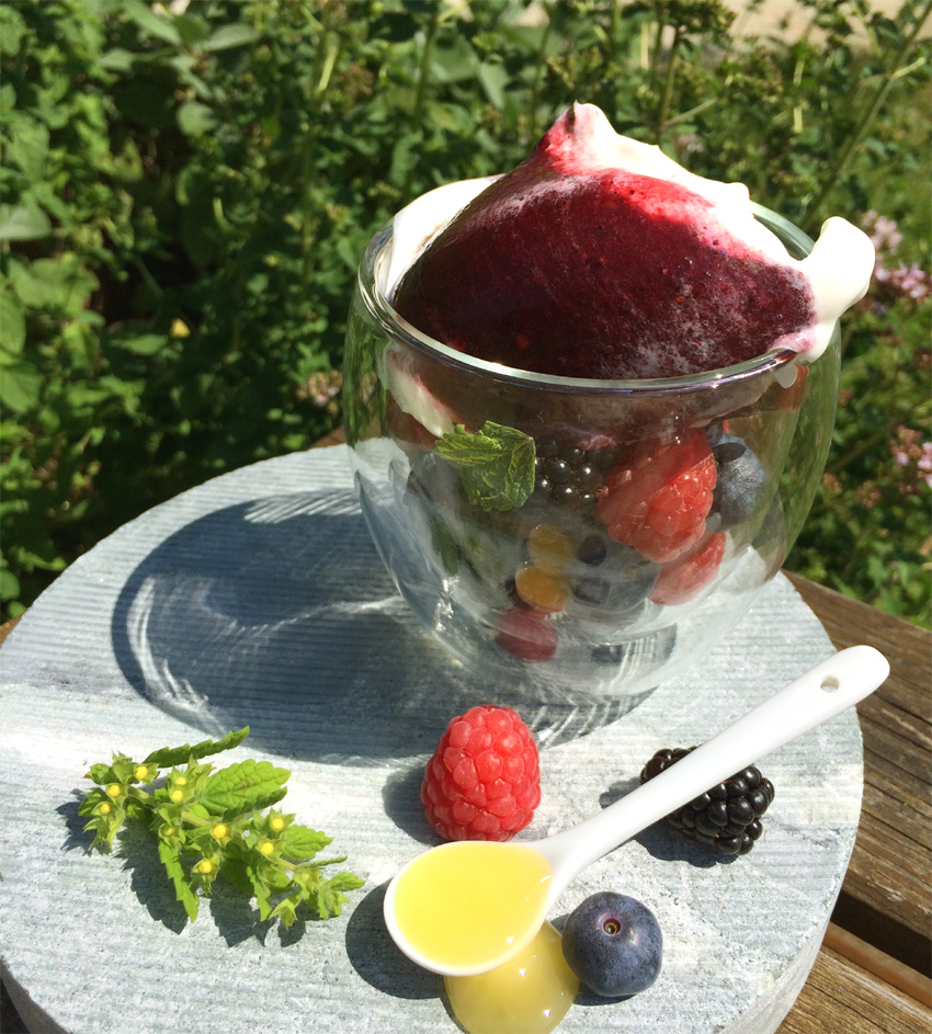 Marmoriertes Beeren-Schmandeis mit Honig und frischer Minze