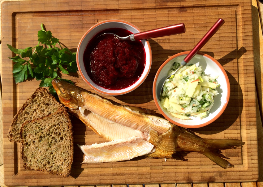 Geräuchertes Bodensee Felchen mit Kohlrabi-Apfelsalat und Rote Beetedip