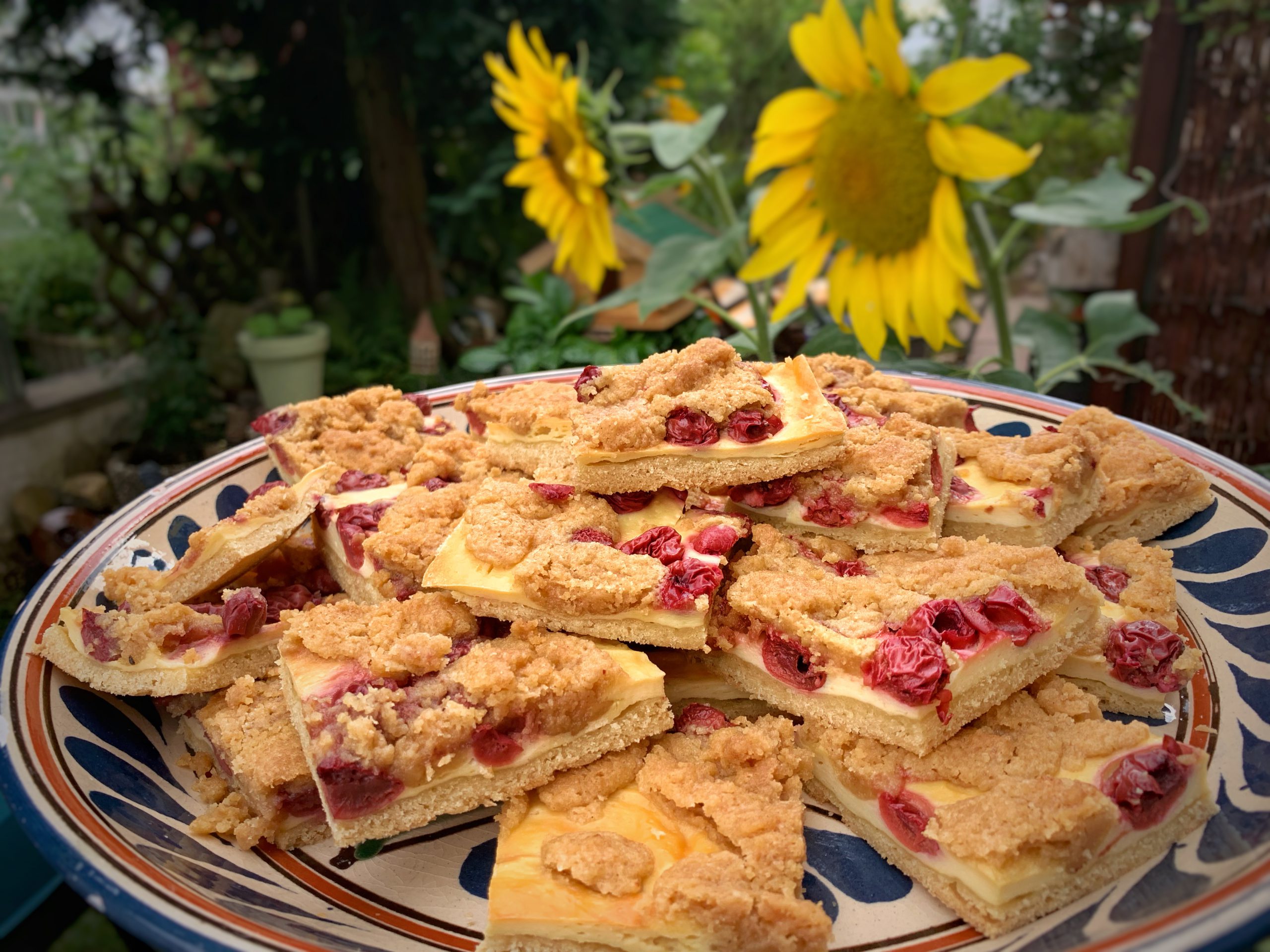 Quark-Blechkuchen mit Kirschen und Streuseln