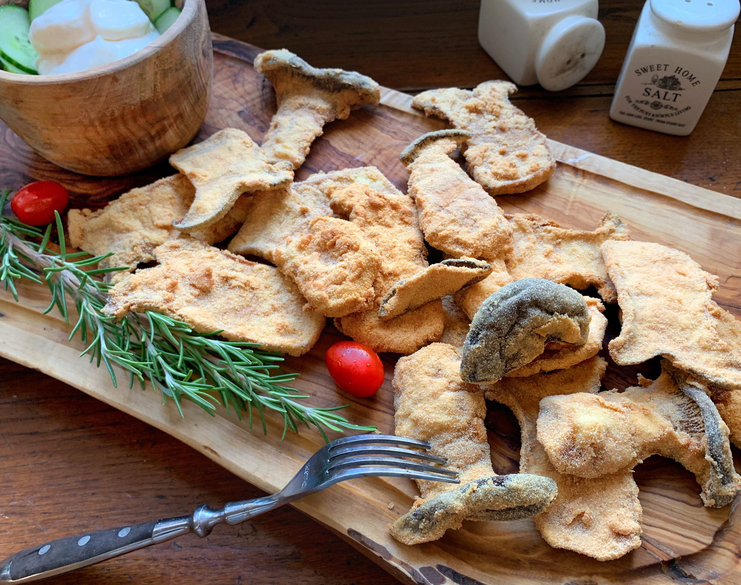 Frittierte Kräuterseitlinge in Knusperweizenhülle