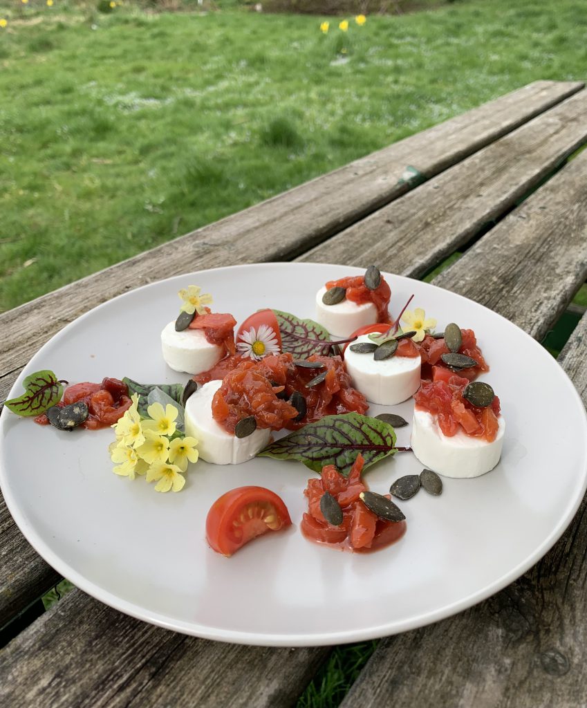 Ziegenfrischkäsetaler mit Rote Bete-Apfel-Chutney, Kürbiskernen und ein paar Salatblätter auf einem Teller. Der Teller steht auf einem Holztisch draußen im Garten.