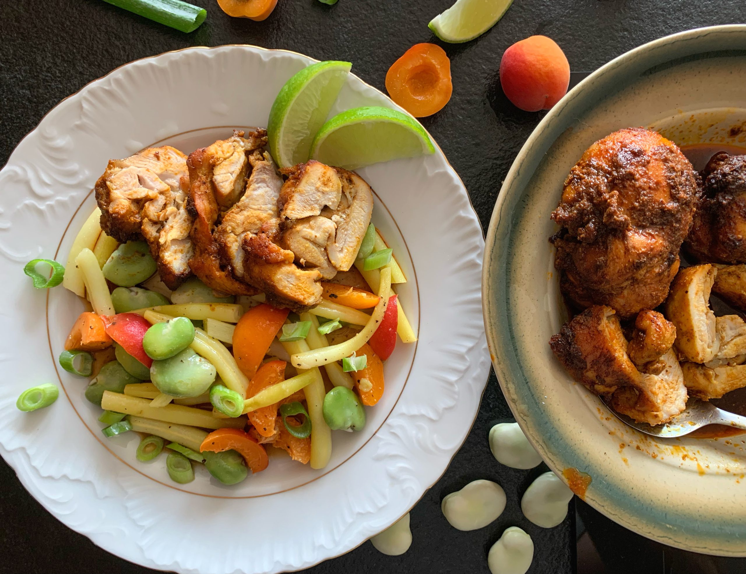 Pollo fino mit Bohnensalat mit Aprikosen
